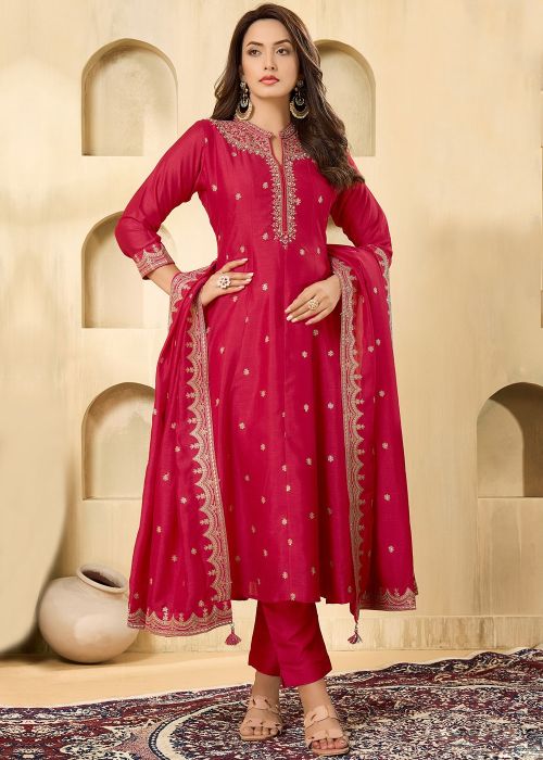 Rani Pink Silk Anarkali Suit With Zari Embroidery