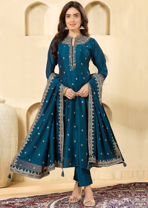 Teal Blue Silk Anarkali Suit With Zari Details
