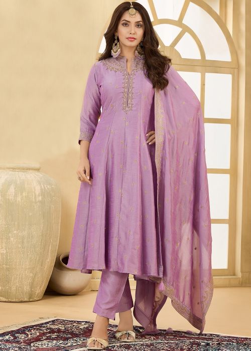 Lavender Silk Anarkali Suit With Sequin Highlights