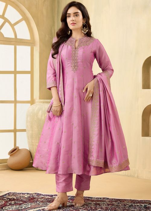 Rose Pink Silk Anarkali Suit With Zari Work