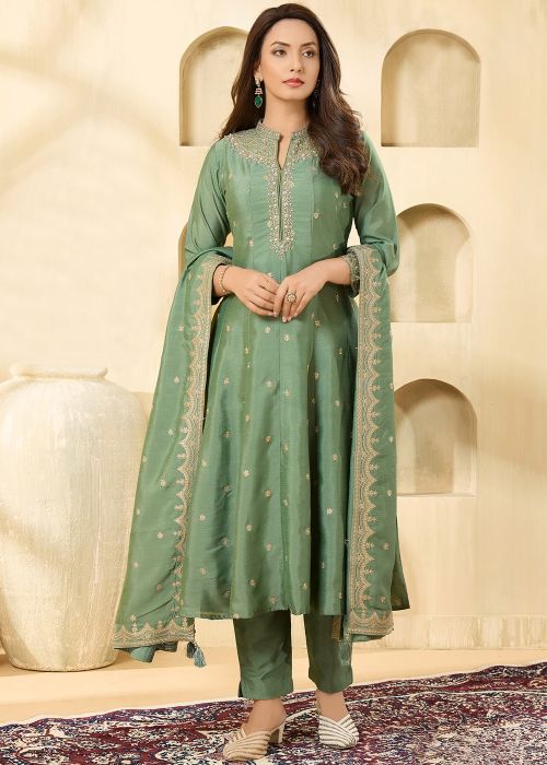 Sage Green Silk Anarkali Suit With Sequin Work