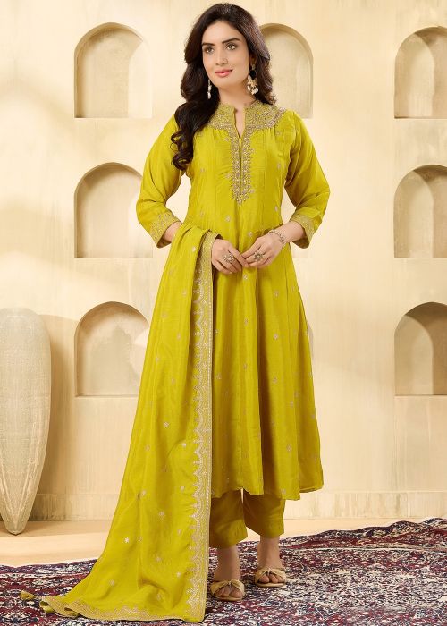 Yellow Silk Anarkali Suit With Zari Accent