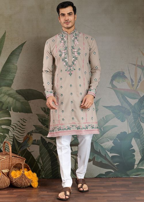 Men Beige Thread Embroidered Kurta In Viscose