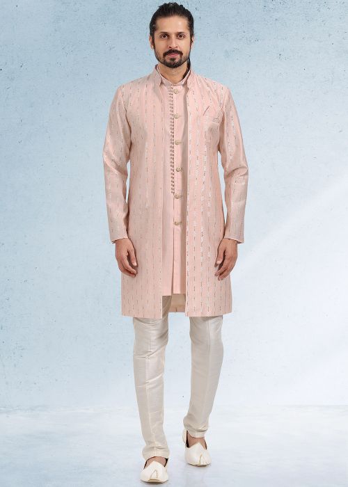Peach Embroidered Men Indo Western Sherwani
