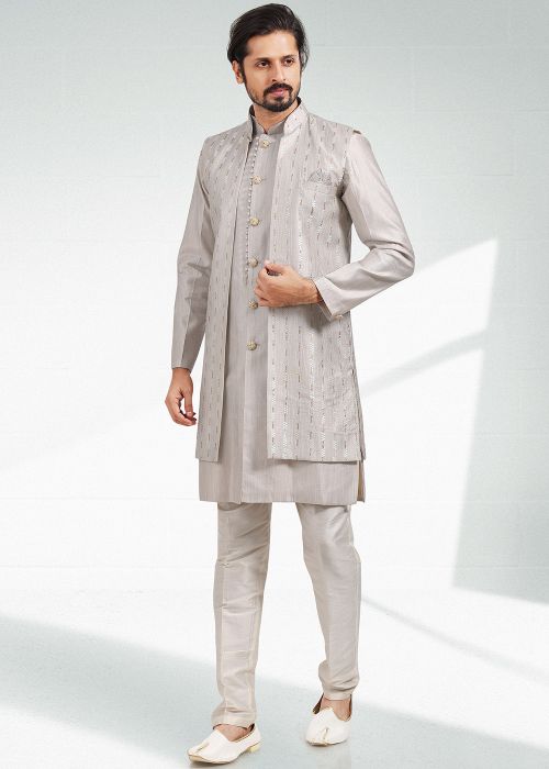 Grey Men Embroidered Indo Western Sherwani