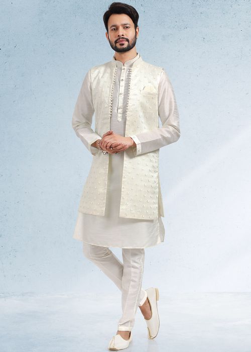 Off White Embroidered Indo Western Sherwani
