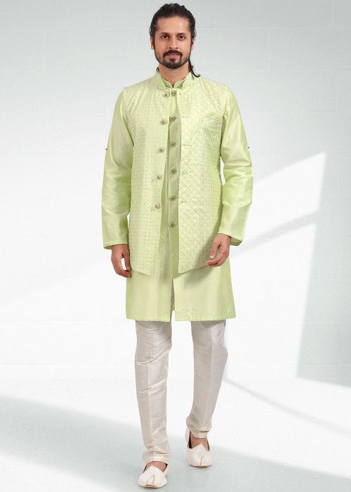 Green Embroidered Kurta Pajama With Nehru Jacket