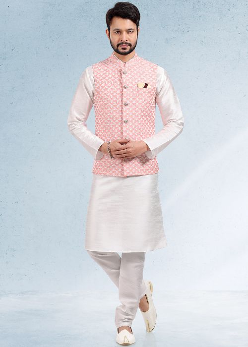 White Embroidered Men Kurta Pajama With Nehru Jacket