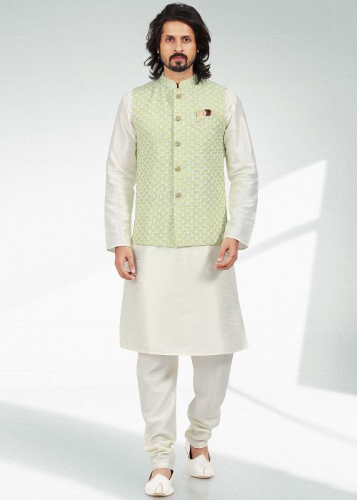 White Embroidered Men Kurta Pajama & Nehru Jacket