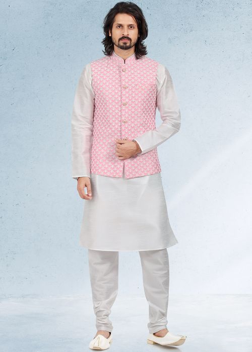 White Thread Embroidered Men Kurta Pajama With Nehru Jacket