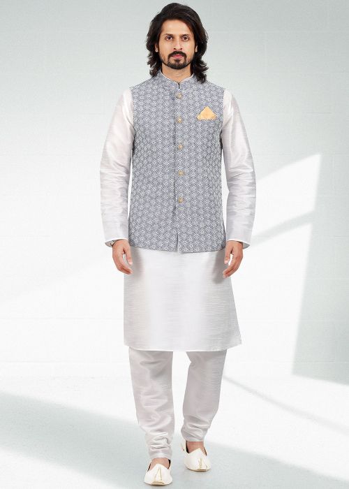 White Embroidered Men Kurta Pajama With Nehru Jacket