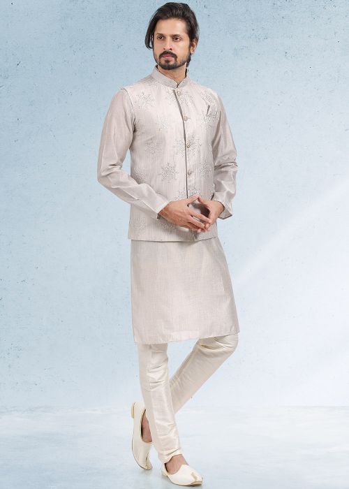 Grey Embroidered Kurta Pajama With Nehru Jacket