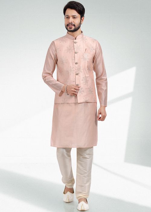 Peach Embroidered Kurta Pajama With Nehru Jacket