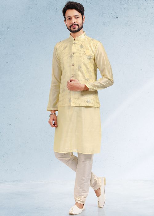 Yellow Embroidered Men Kurta Pajama With Nehru Jacket