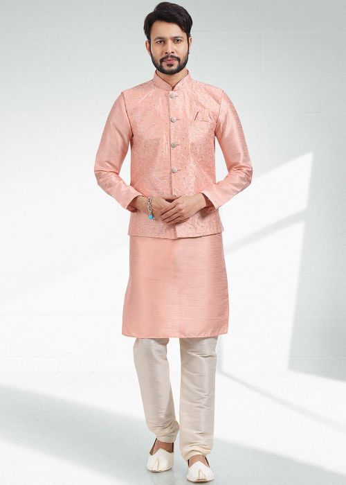 Peach Embroidered Men Kurta Pajama With Nehru Jacket