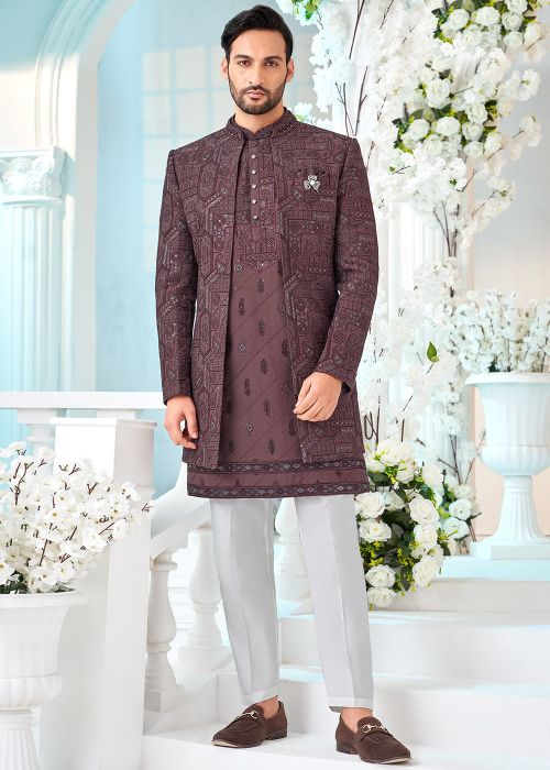 Wine Embroidered Indo Western Sherwani Set