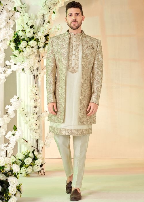 Cream Embroidered Indo Western Sherwani Set