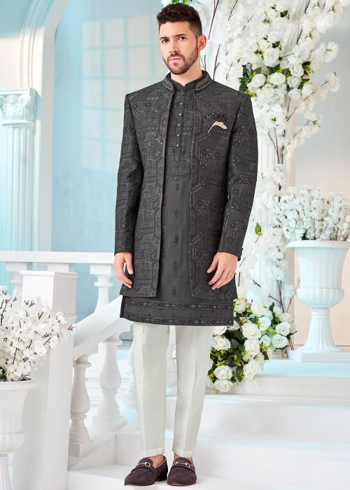 Grey Embroidered Indo Western Sherwani Set