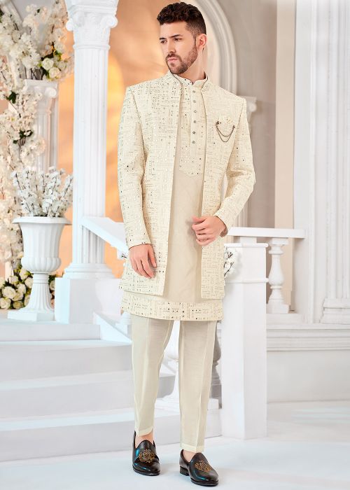 Cream Embellished Indo Western Sherwani Set