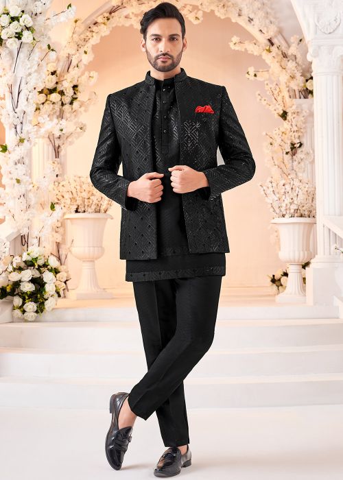 Black Embellished Indo Western Sherwani Set