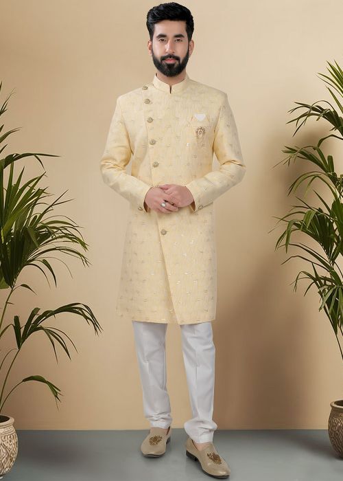 Yellow Embroidered Indo Western Sherwani Set