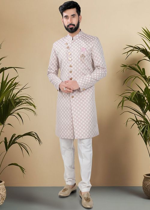 Pink Woven Men Indo Western Sherwani