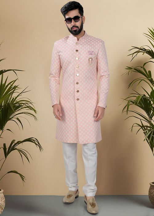 Pink Woven Men Indo Western Sherwani
