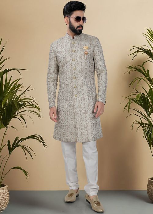 Beige Woven Men Indo Western Sherwani Set