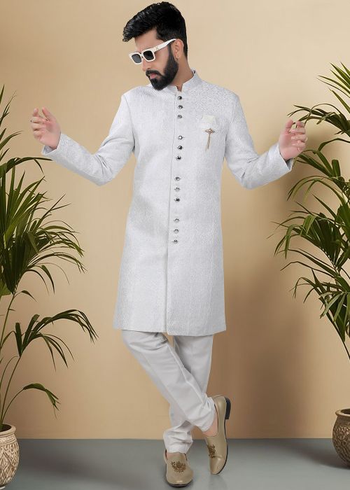 White Woven Men Indo Western Sherwani Set