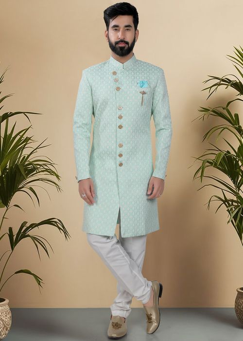 Turquoise Woven Indo Western Sherwani For Men