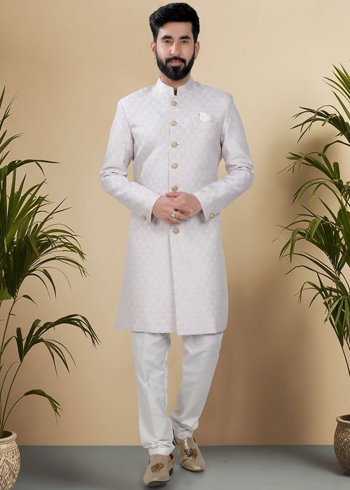 Light Purple Woven Indo Western Sherwani For Men