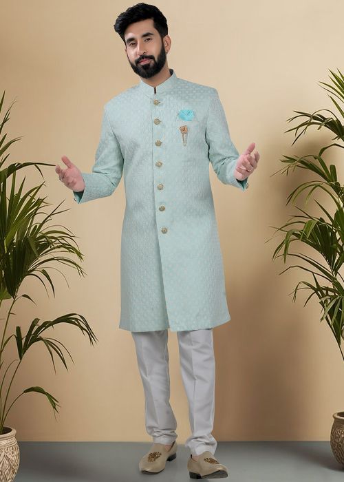 Blue Woven Indo Western Sherwani For Men