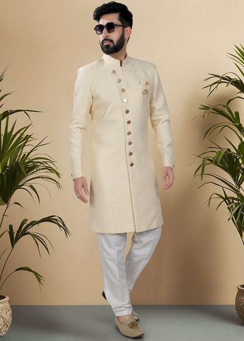 Yellow Woven Indo Western Sherwani For Men