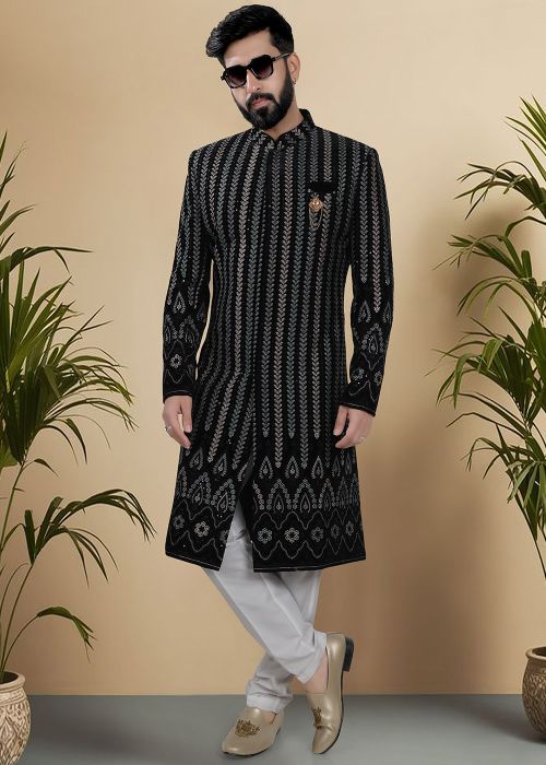 Black Embroidered Velvet Sherwani Set