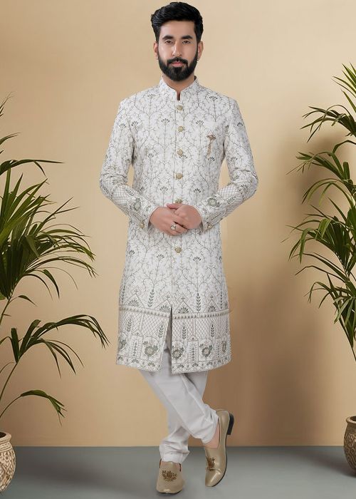 Off White Silk Embroidered Sherwani Set