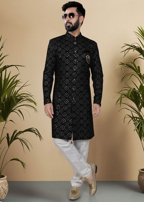 Black Sequins Velvet Indo Western Sherwani Set