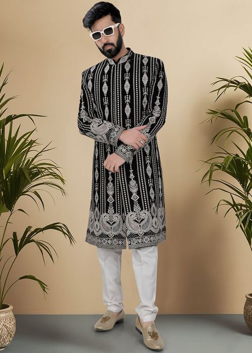 Black Embroidered Velvet Sherwani Set