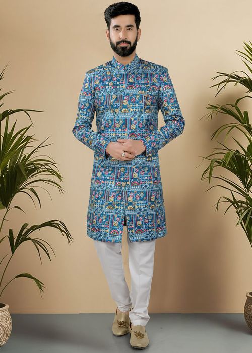 Blue Men Embroidered Indo Western Sherwani