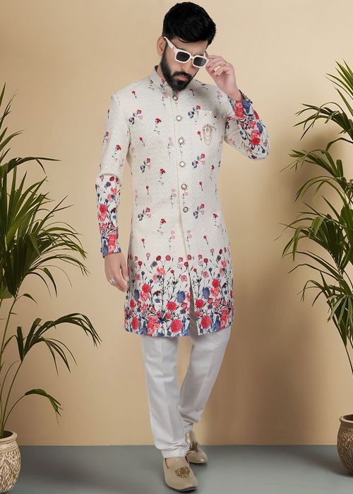 Off White Floral Print Indo Western Sherwani