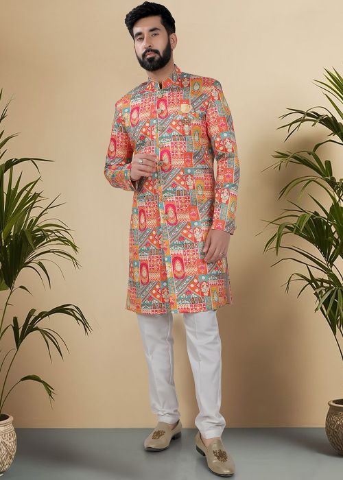 Mutlicolored Embroidered Indo Western Sherwani