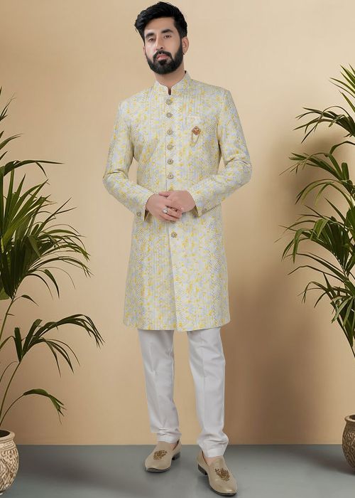 Yellow Embroidered Indo Western Sherwani