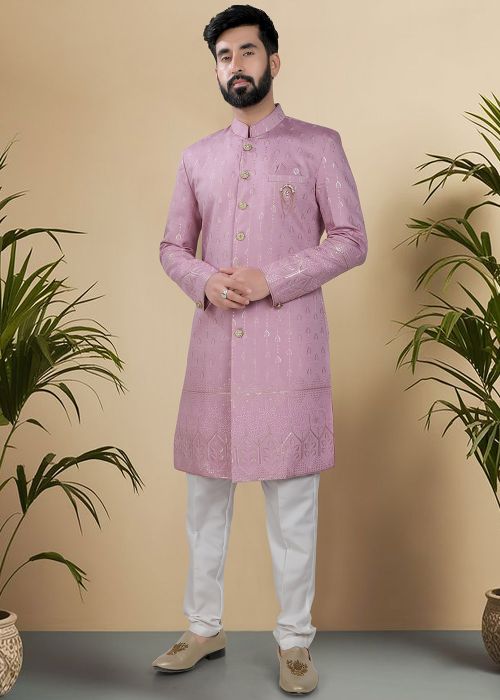 Pink Embroidered Men Indo Western Sherwani