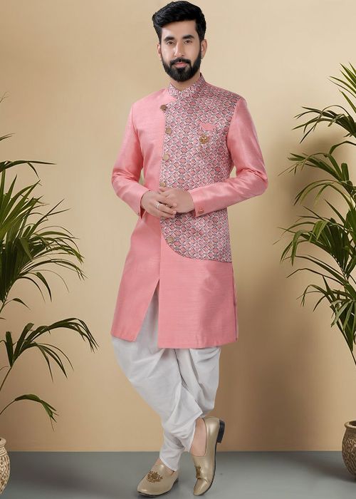 Pink Printed Overlapped Indo Western Sherwani With Dhoti