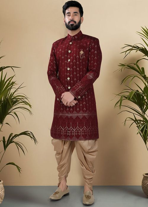 Maroon Embroidered Indo Western Sherwani With Dhoti