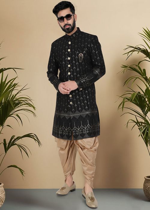Black Embroidered Indo Western Sherwani With Dhoti