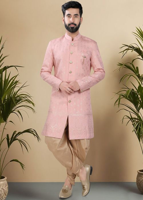 Pink Embroidered Indo Western Sherwani With Dhoti