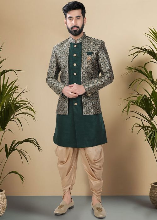 Green Woven Jacket Style Indo Western Sherwani