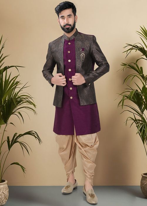 Purple Woven Jacket Style Indo Western Sherwani