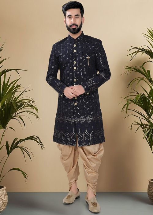 Dark Blue Embroidered Indo Western Sherwani
