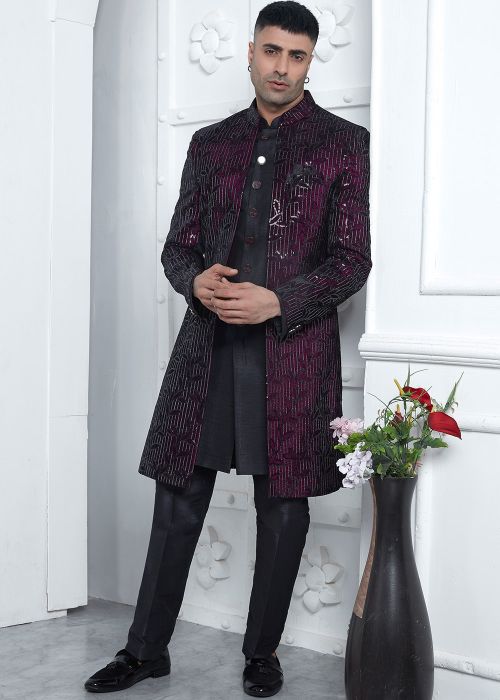 Black Embroidered Indo Western Sherwani In Velvet